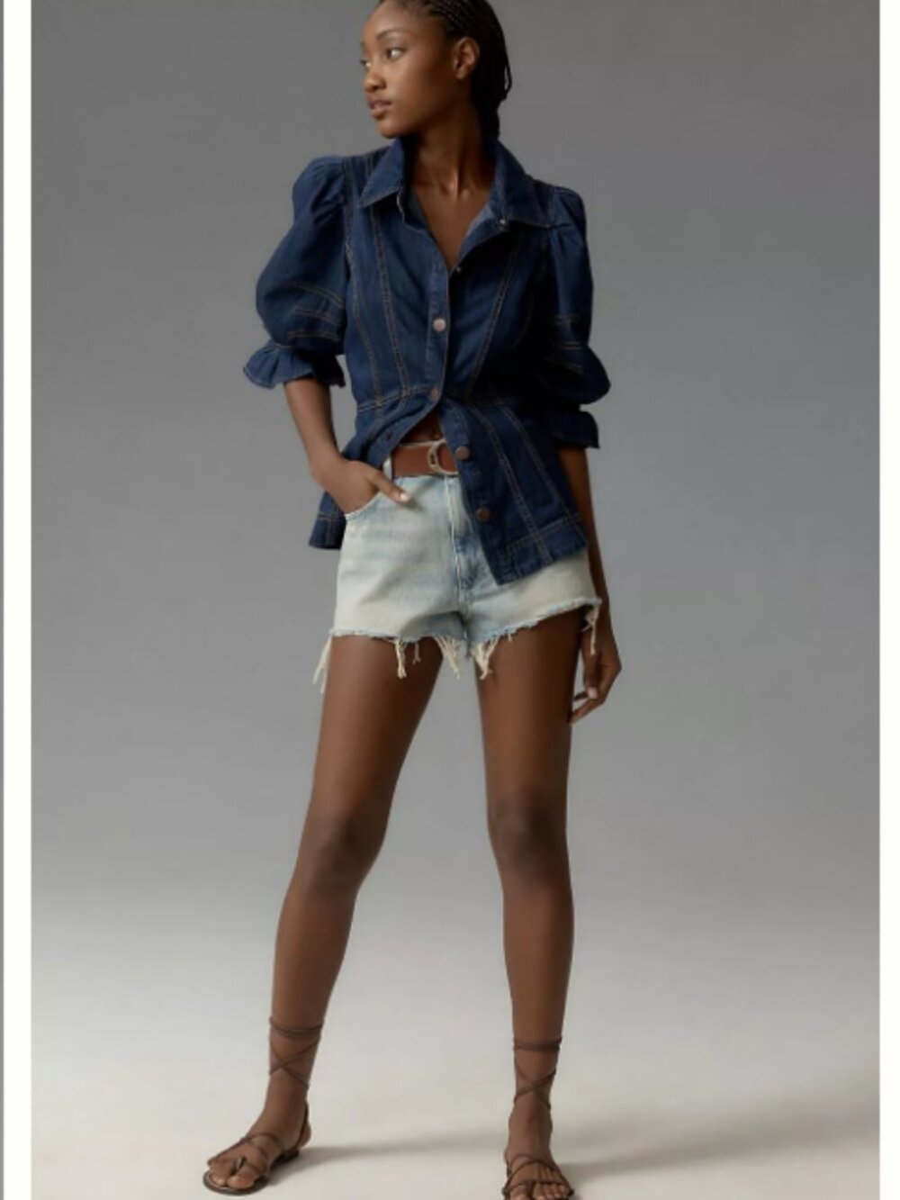 Anthropologie Puff-Sleeve Denim Button-down Shirt size Small
